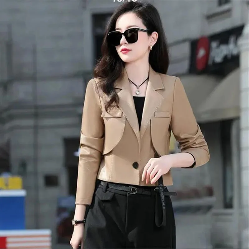 Green Black Leather Jacket Women\'s Clothes 2024 Spring Autumn New Chic Motorcycle Leathers Short PU Pi Suit Coat Female Korean V