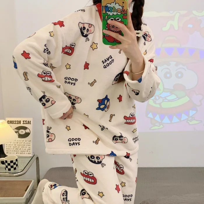 Crayon Shin-chan Anime Ladies Pajamas Cartoon Round Neck Long-sleeved Cardigan Autumn Winter Thickened Warm Comfortable Homewear