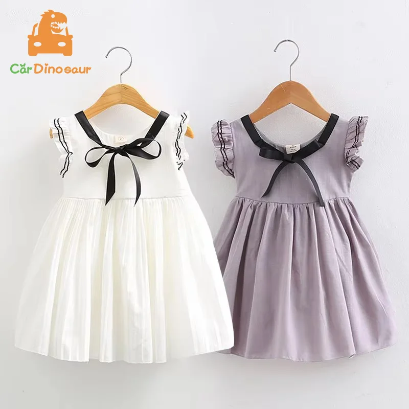 2025 Summer 2 3 4 6 8 10 Years Children Cotton Elegant Bow Fly Sleeve Party Dance Prom Pleat Princess Kids Dress For Little Girl