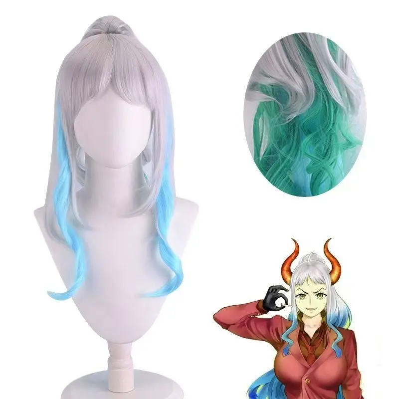 Yamato Cosplay Wig Silver White Gradient Blue Green High Ponytail Wig Anime Costume Wig for Halloween Party Comic Con