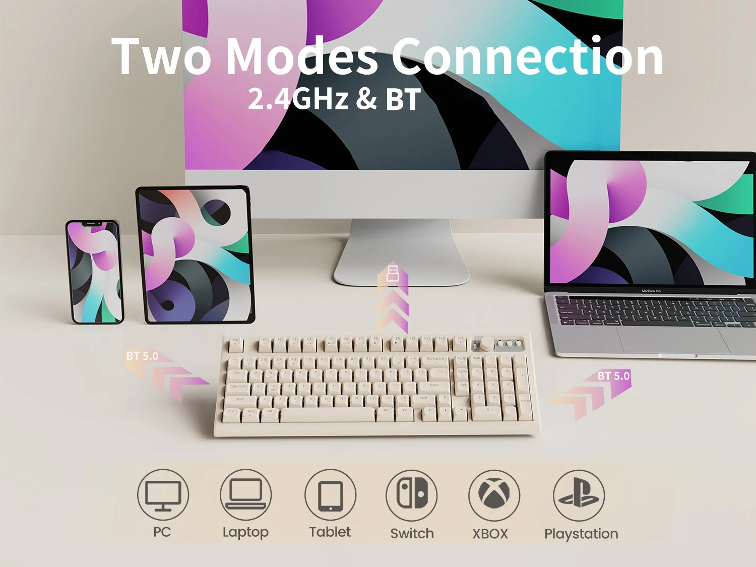 لوحة مفاتيح الألعاب اللاسلكية الصامتة EWEADN، BT/2.4 جيجا هرتز، إضاءة خلفية RGB، قابلة لإعادة الشحن، مريحة، مقبض الوسائط، لأجهزة Mac/Windows PC