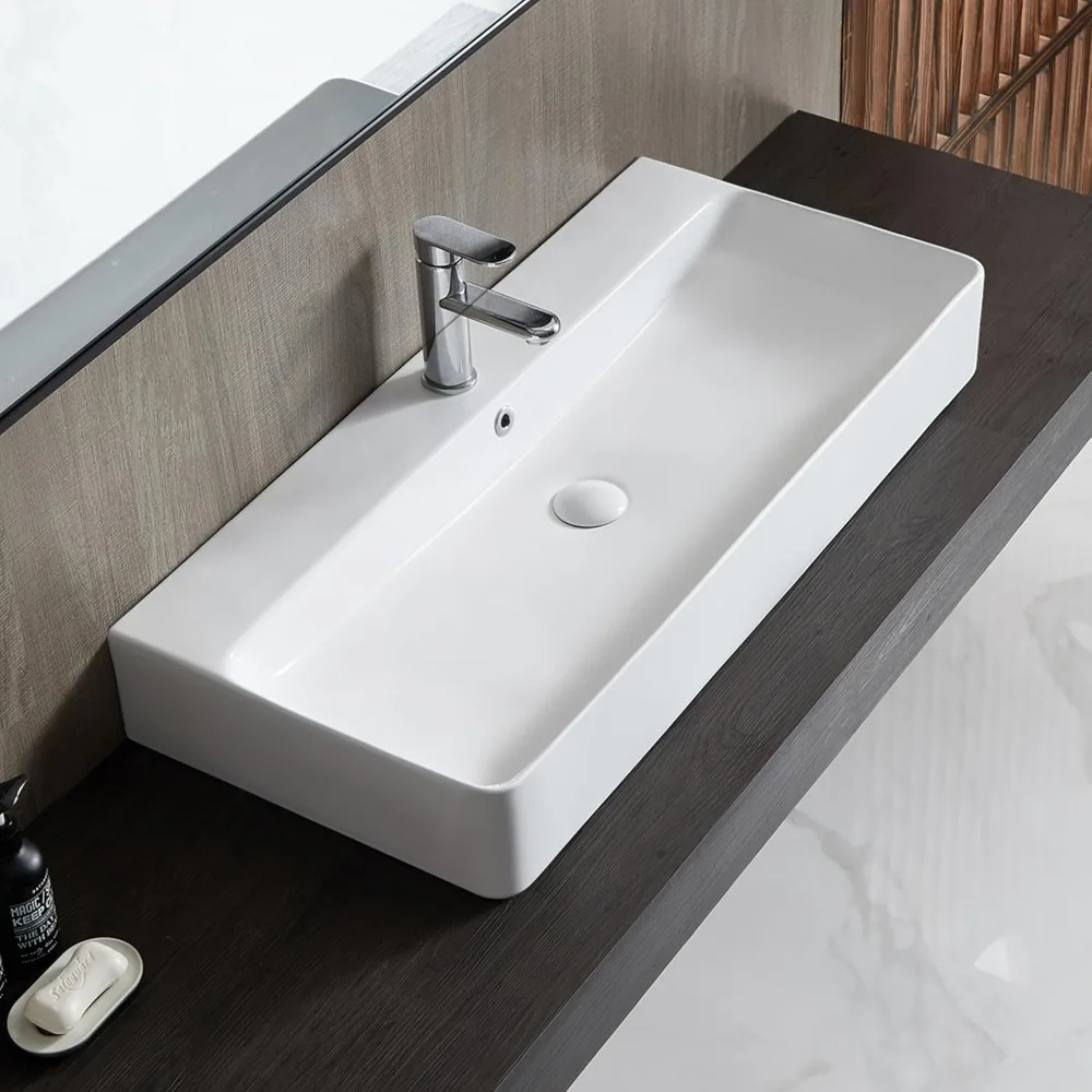 Wall Hang Mount Vanity Sink Ceramic Rectangular, Premium White Art Basin with Overflow, Lavatory Trough Floating Washbasin