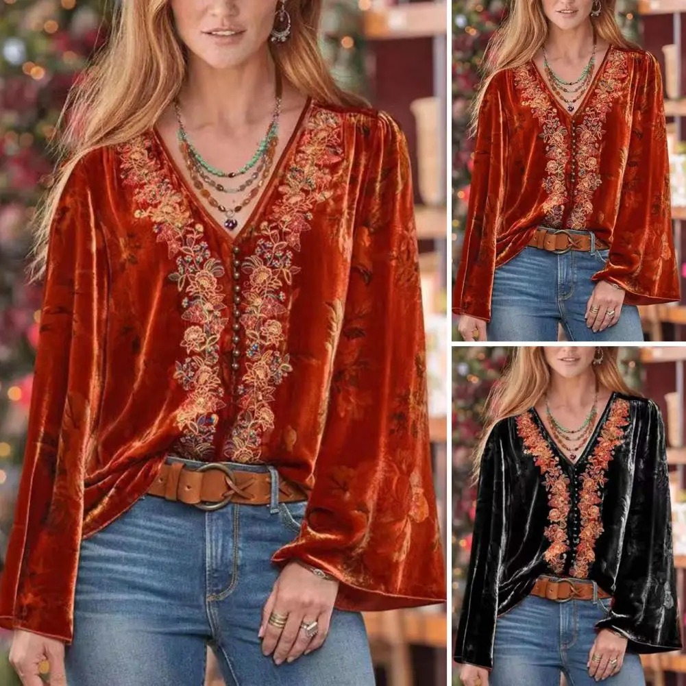 

Floral V Neckline Top Vintage Flower Embroidery Pullover Soft Casual Women's Blouse with V-neck Bead Decor Loose Fit Top