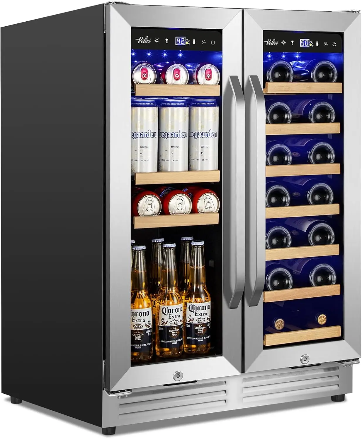 and Beverage Refrigerator Under Counter, 24 Inch Beverage Fridge Dual Zone with Glass Door, Freestanding & Built In Beverag