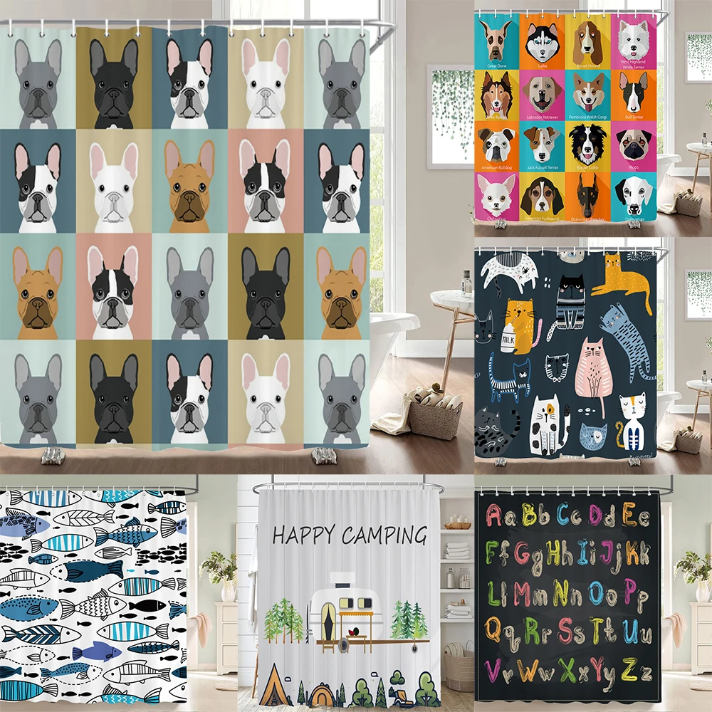 

3D Printing Cartoon Bulldog Bath Screens Bathroom Shower Curtain Cat Dog Curtain Christmas Gift Decor Multi-size Shower Curtain