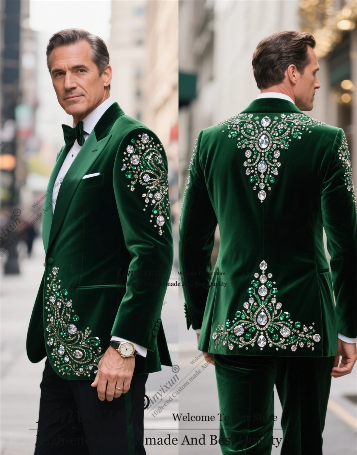 

High-end Luxury Diamond Men Suit Beaded Wear Cloak Groom Prom Tuxedo Customized 2 Piece Groom Blazer Male Party Costume Homme