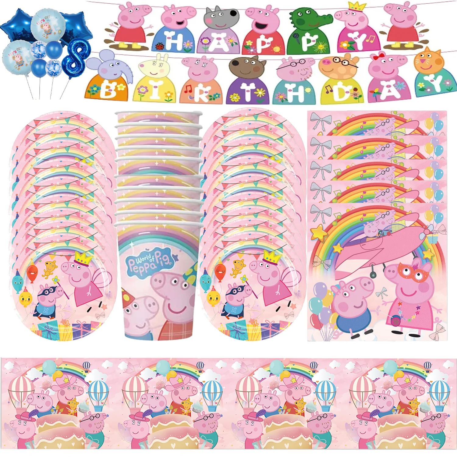 Cartoon Peppaed Pig Balloons Happy Birthday Set Banner Balloon George Page Paper Plates Cups Disposable Tableware Party Supplies