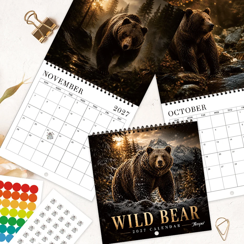 1pc 2027 Wilderness Brown Bear Wall Calendar,12‑Month Planner,Gift For Back‑to‑School,Christmas,New Year,Free Stickers Included