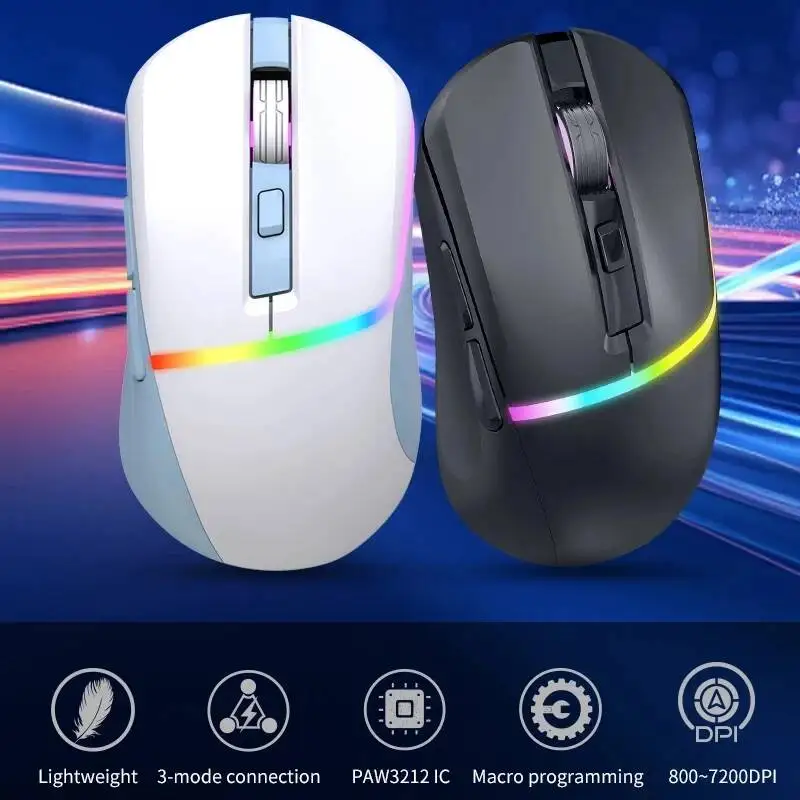Tri Mode Gaming Mouse 76g Lightweight RGB Light 6 Programmable Buttons 6 Level DPI Adjustable Mice For Laptop Desktop PC Gamer