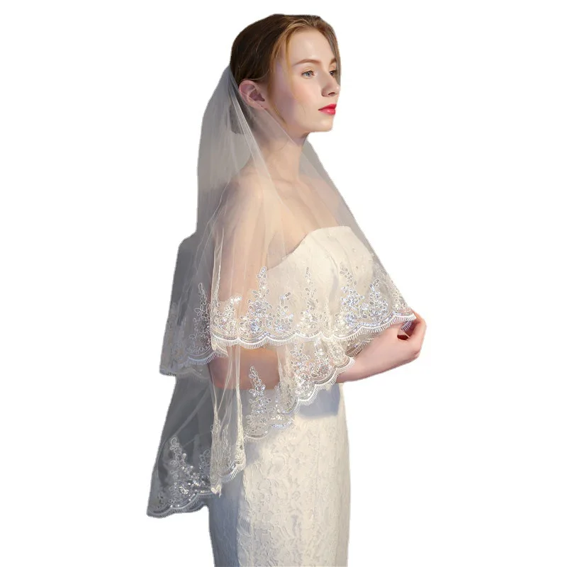 Two Layers New Sequin Lace Wedding Veils Headdress Double Layer With Hair Comb Exquisite Lace Bride Veil Wedding Accessories