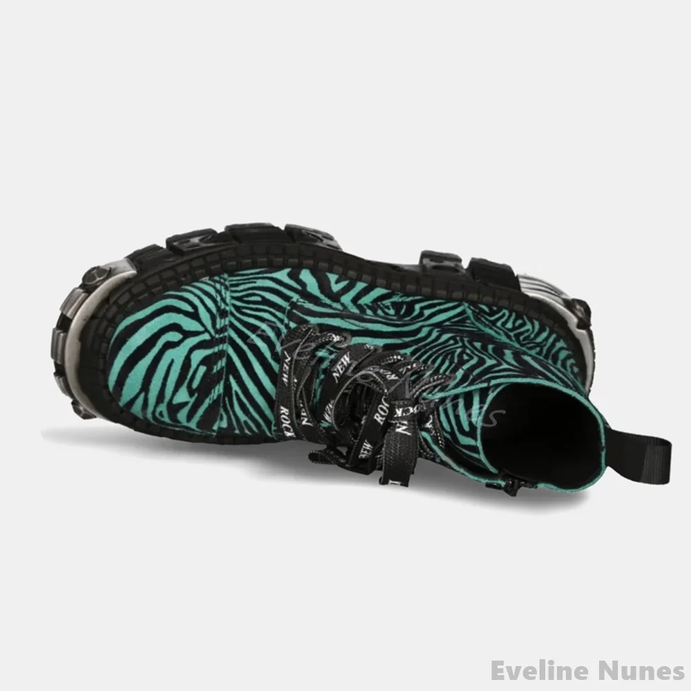 Retro Contrast Color Leopard Print Punk Boots Women Hotties Tank Thick Sole Cross Strap Fashion Boot New Heavy Metal Ankle Boots