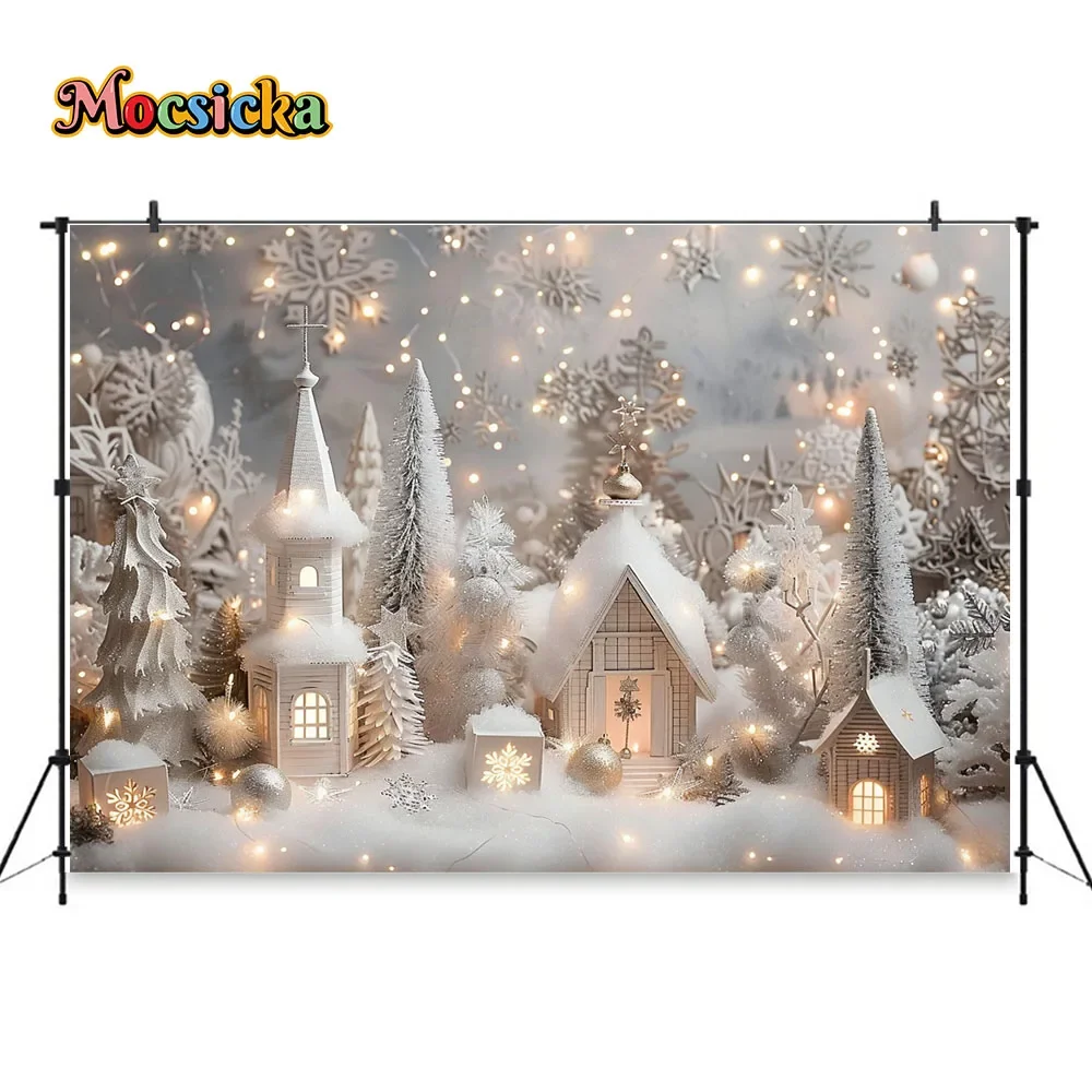 White Christmas Photography Background for Girl Baby Glitter Silver Xmas Ball Lantern Snowy Backdrop Kid Winter Birthday Photo