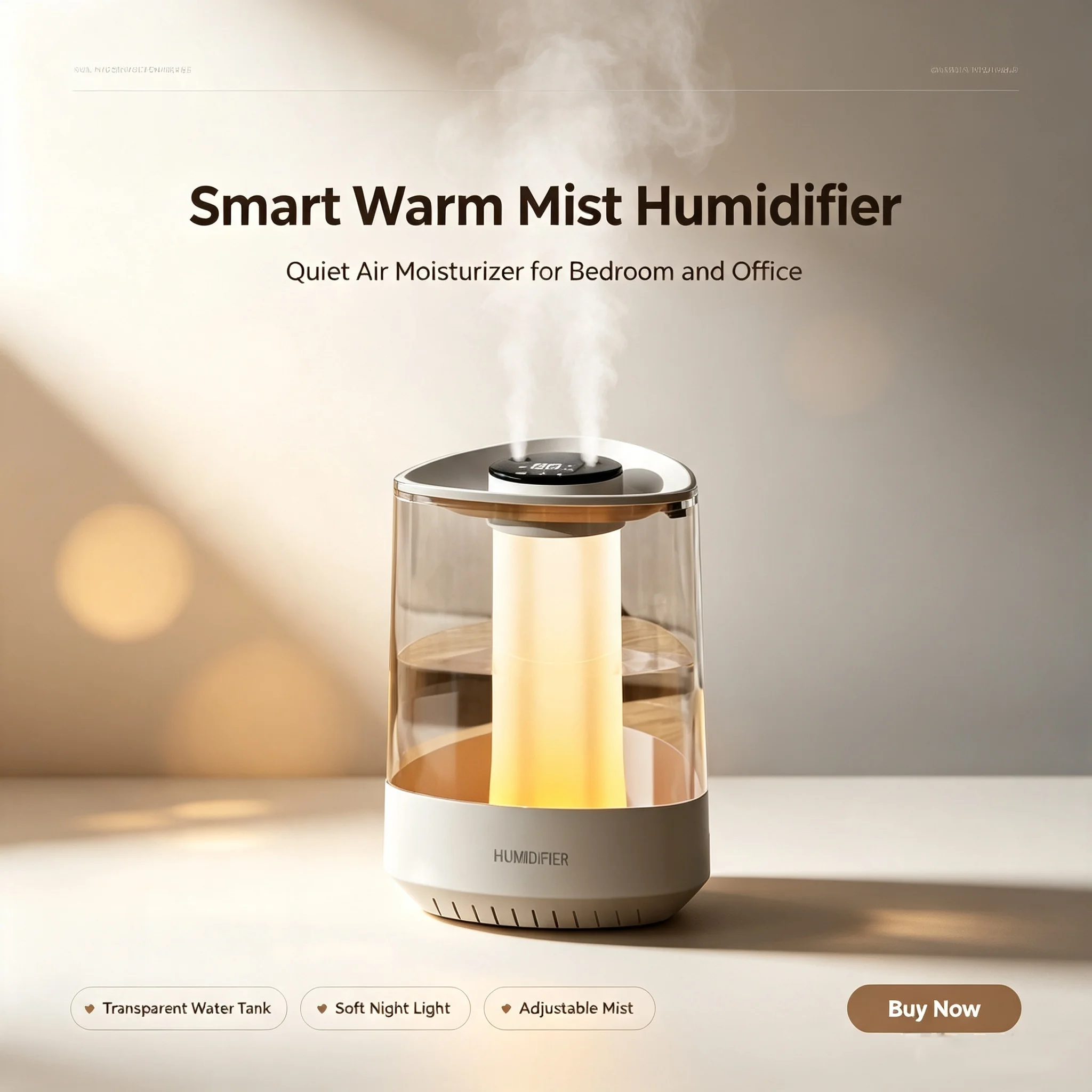 Transparent Visual Water Tank Air Humidifier with Dual Spray Nozzles, LED Digital Display, Warm Night Light, and Quiet Ultrasoni