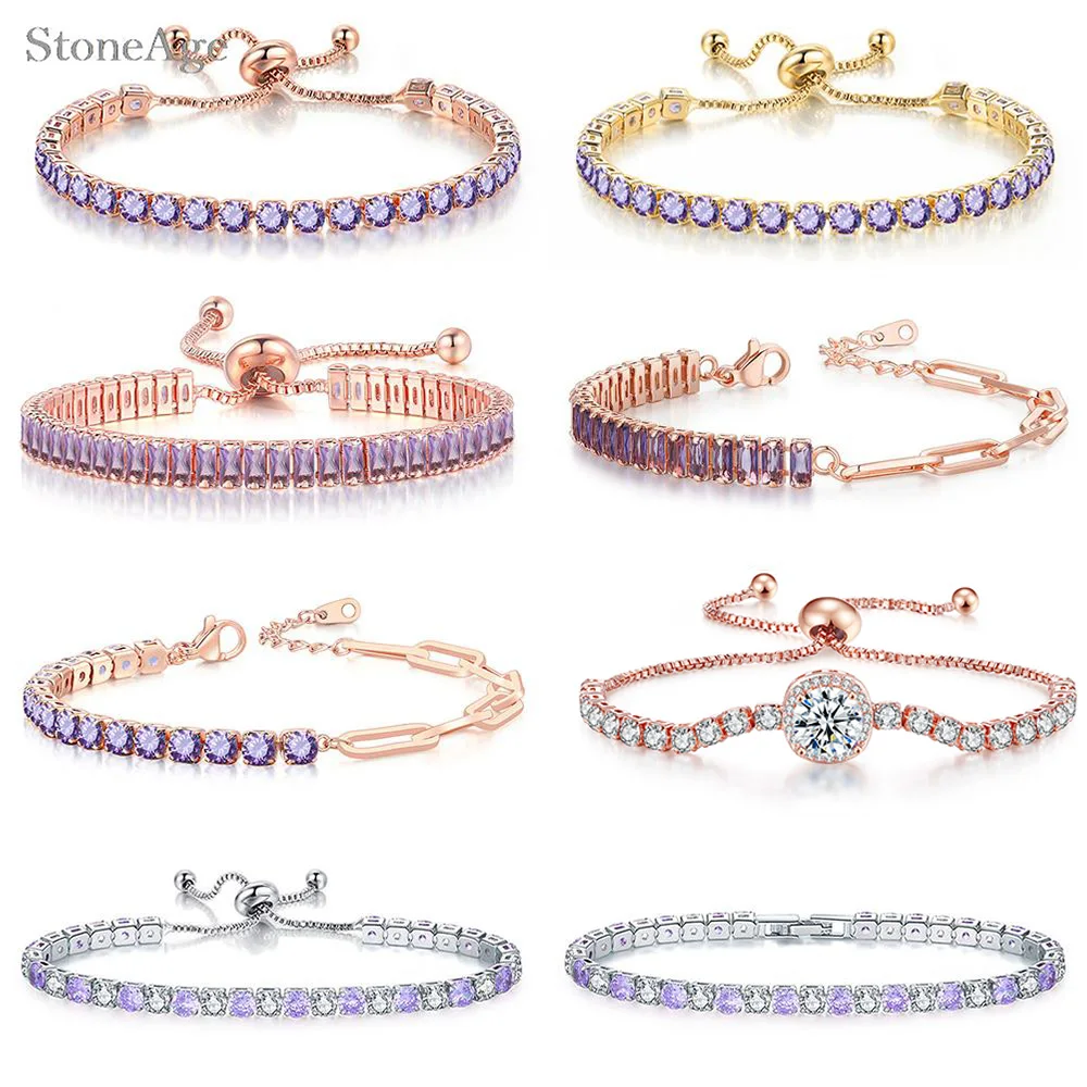 Verstellbare Faltschließe, trendige lila Zirkonia-Kristall-Tennisarmbänder für Frauen, zierliche Handkette, Geschenke für Damenschmuck