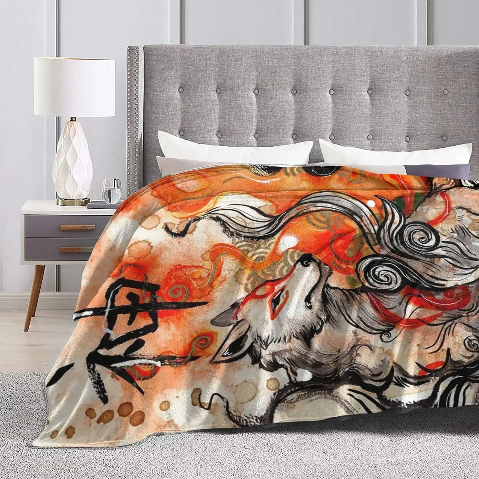 Okami Amaterasu Ultra-Soft Micro Flannel Blanket Japanese Fox Throw Blanket for Couch Sofa Bed Living Room Animal Themed Blanket