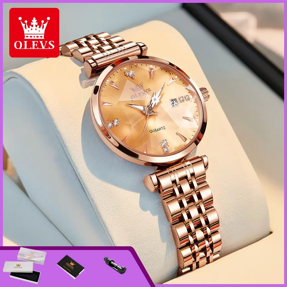 

OLEVS 5536 Quartz Watches for Women Luxury Rose Gold Steel Strap Rhombus Glass Ladies Wristwatch Luminous Waterproof Woman Watch