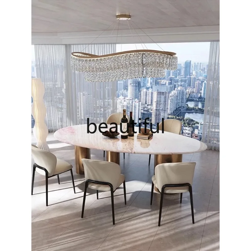 Natural luxury stone dining table Italian modern water drop shaped cream style, colored jade marble dining table R
