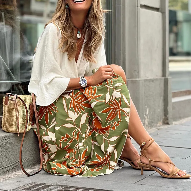 Elegant Women Green Print Elastic Waist Skirt Spring Summer Femme Patchwork Slim SkirtStreetwear Casual Ankle-Length Long Skirt