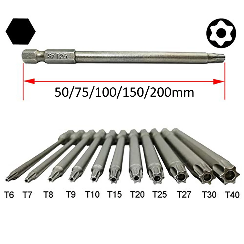 

50/75/100/150/200mm 1/4" Hex Bits Driver Tamper Proof Security Star Magnetic Drill Bit Set Torx Screwdriver Flat Head T5-T50