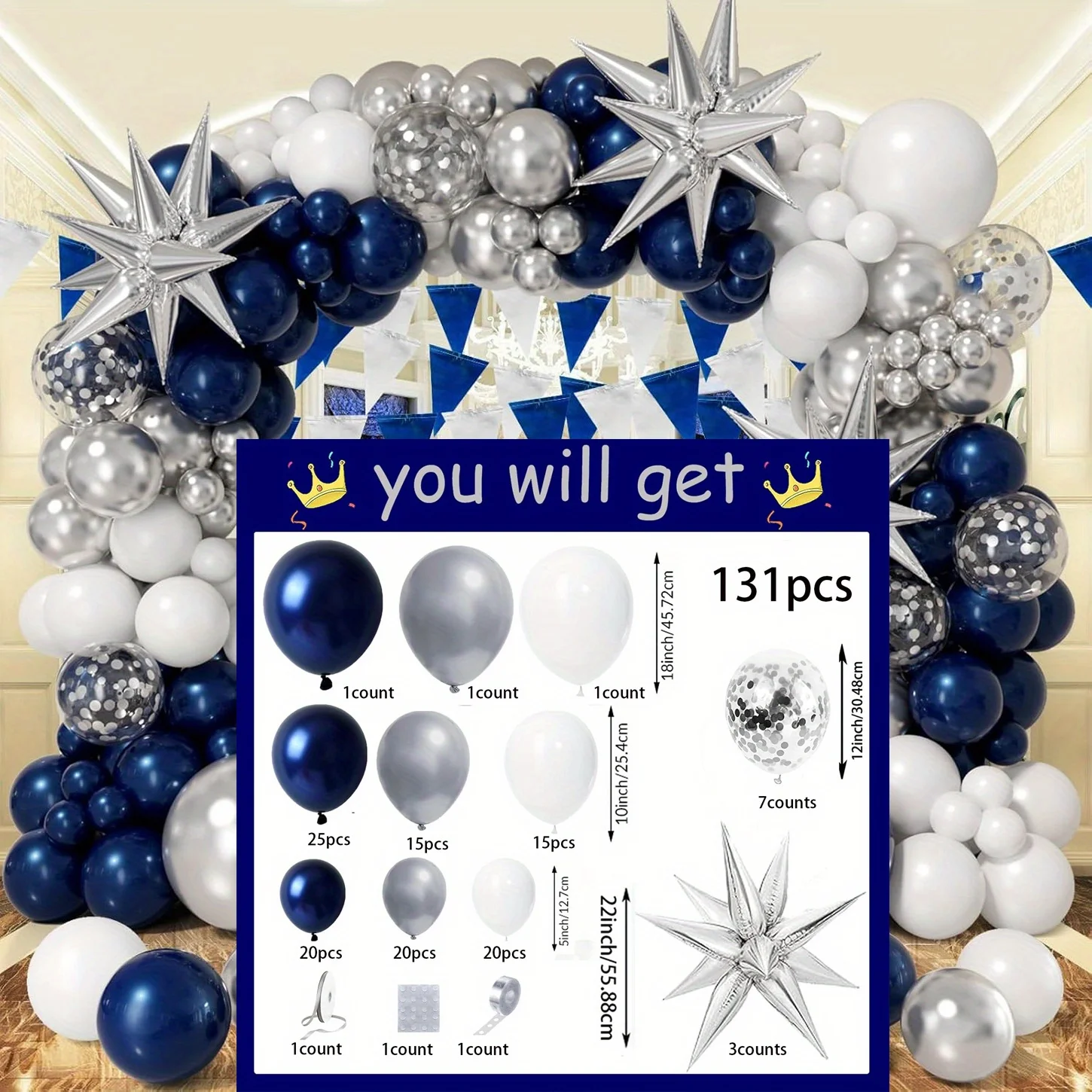 131pcs Navy Blue Silver and White Balloon Garland Arch Kit for Winter, Birthday, Anniversary, Graduation Ceremony Decoration