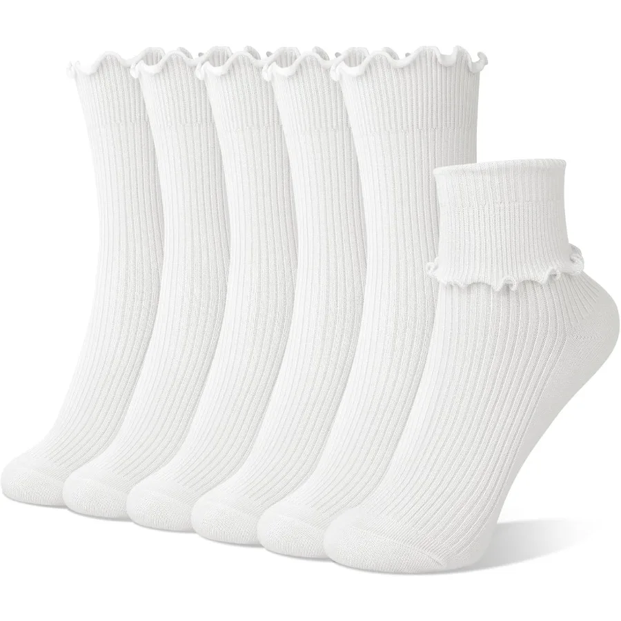 

6 Pairs Cute Floral Ruffle Crew Socks for Women Breathable Cotton Novelty Casual AboveAnkle Funny Socks Ideal for Everyday Wear