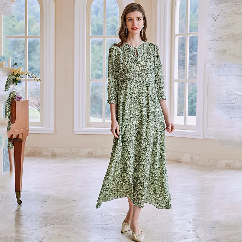 Natural Mulberry Silk Dress for Women, O-Neck, Elastic Waist, Slim Fit, Three Quarter Sleeve, Printing Midi Dress, WF2304