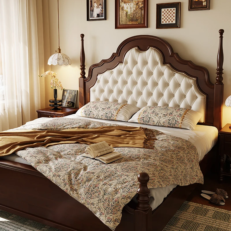ns- Retro Solid Wood Bed Modern Simple Master Bedroom High-end Atmosphere American Light Luxury Double Bed European Medieval&