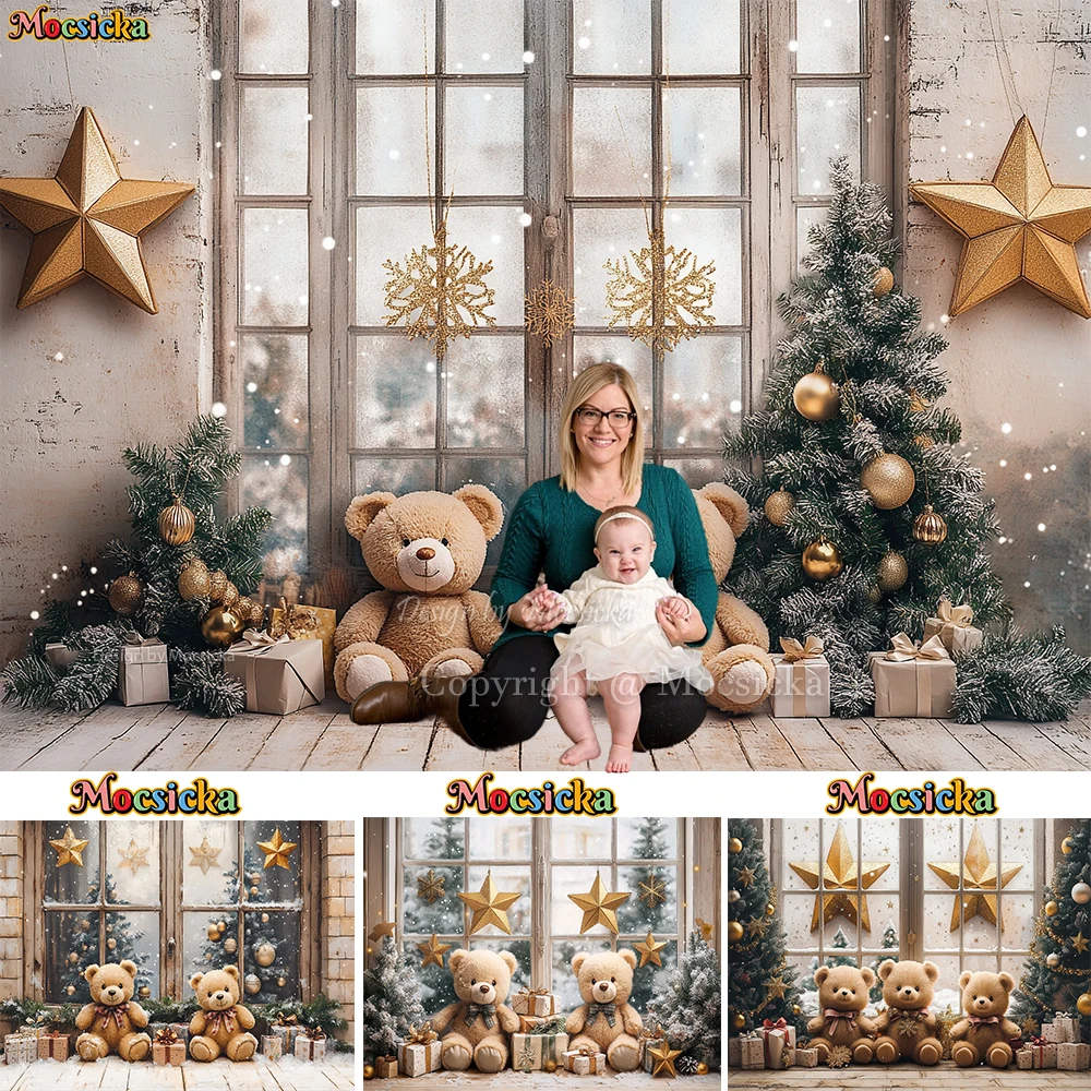 

Christmas Toy Bear Gift Room Background Photography Wooden Window Golden Star Xmas Tree Backdrop Baby Winter 1st Birthday Photo