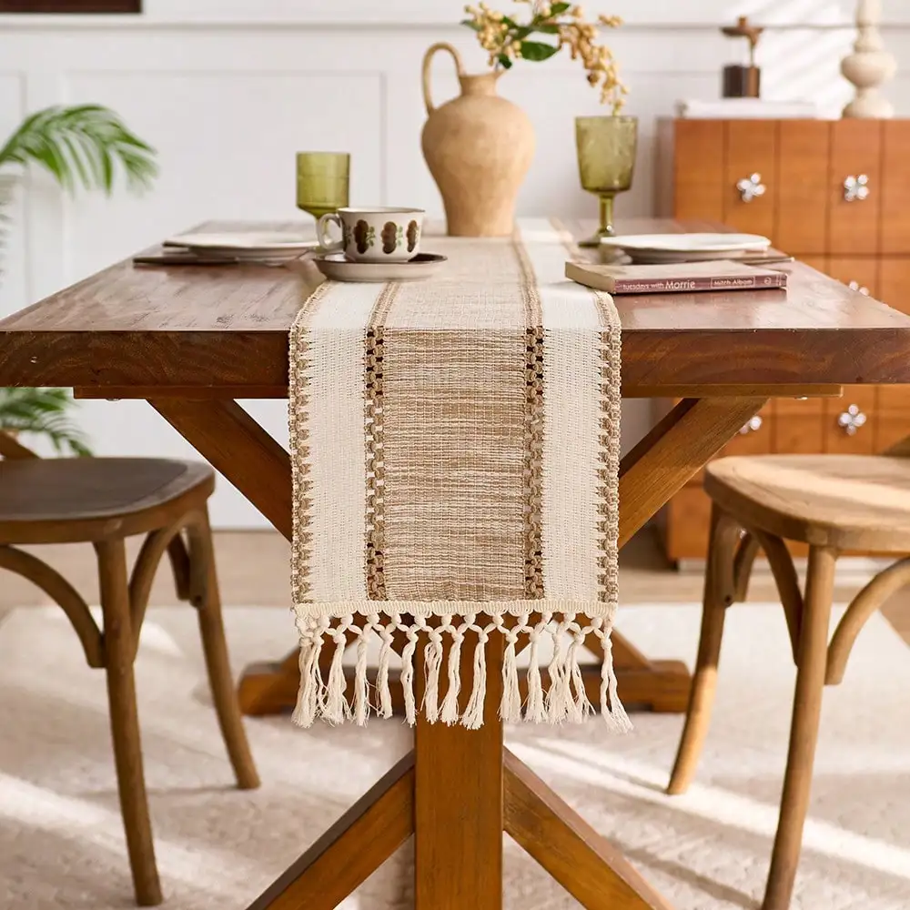1pc Dining Table Runner Polyester Tassel Trim Multi Purpose Table Shield Kitchen Entryway Table Cloth Minimalist Farmhouse Decor