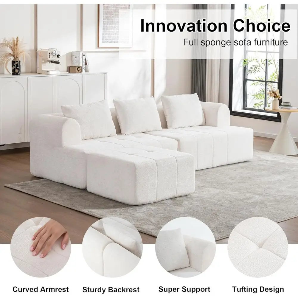 Divano componibile a L avorio 95 con posti a sedere profonde e pouf, tessuto ciniglia, mobili da soggiorno pronti da usare