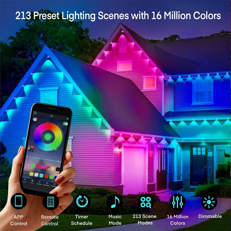 

Светодиодные фонари RGB Eaves, постоянный уличный светильник, гирлянда, приложение, управление через Bluetooth, режимы сцены 15–90 м для праздничного двора, рождественской свадьбы