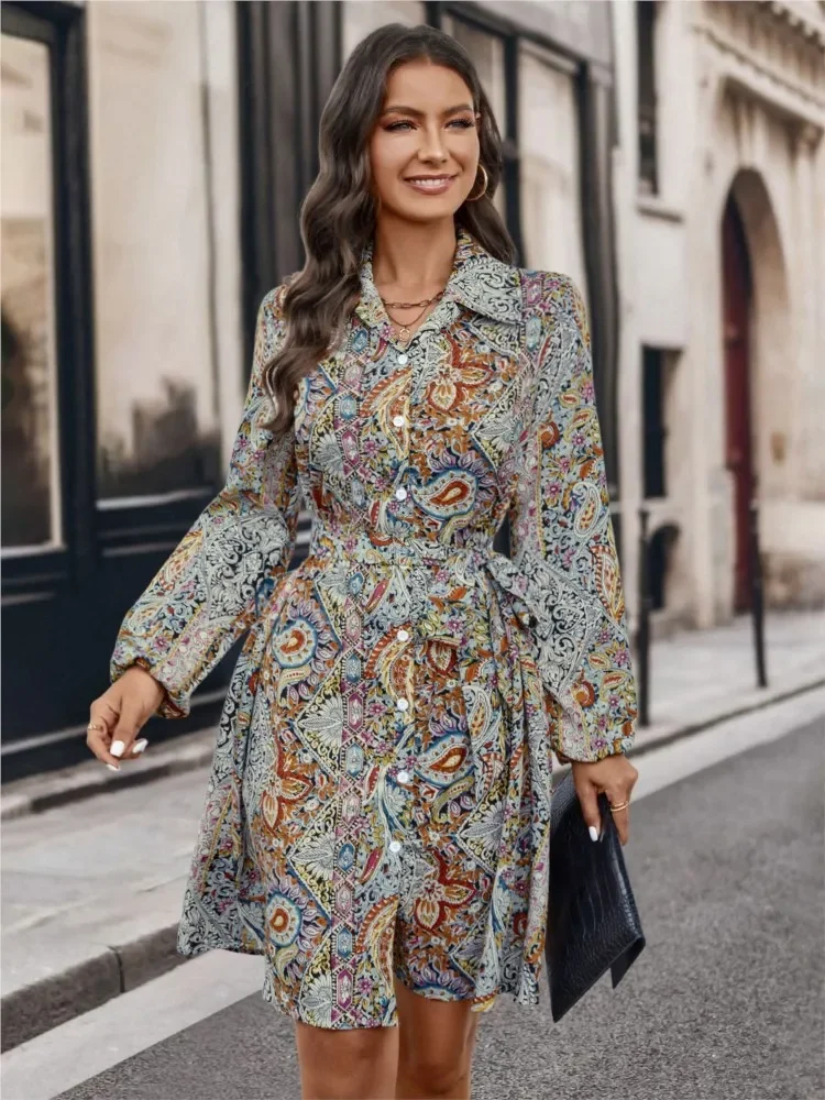 ใหม่ฤดูใบไม้ร่วงฤดูหนาวผู้หญิงแฟชั่นพิมพ์แขนยาวเดี่ยวเสื้อเซ็กซี่ V คอแขนยาวชุด