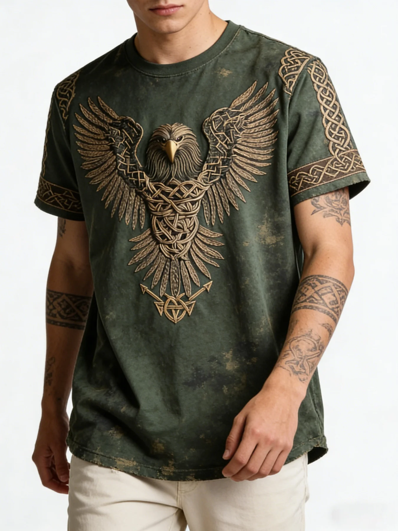 3D Printing Eagle - レトロメンズTシャツ - バイキングイーグルケルトノット3Dプリント刺繍ルーズラウンドネックストリート半袖