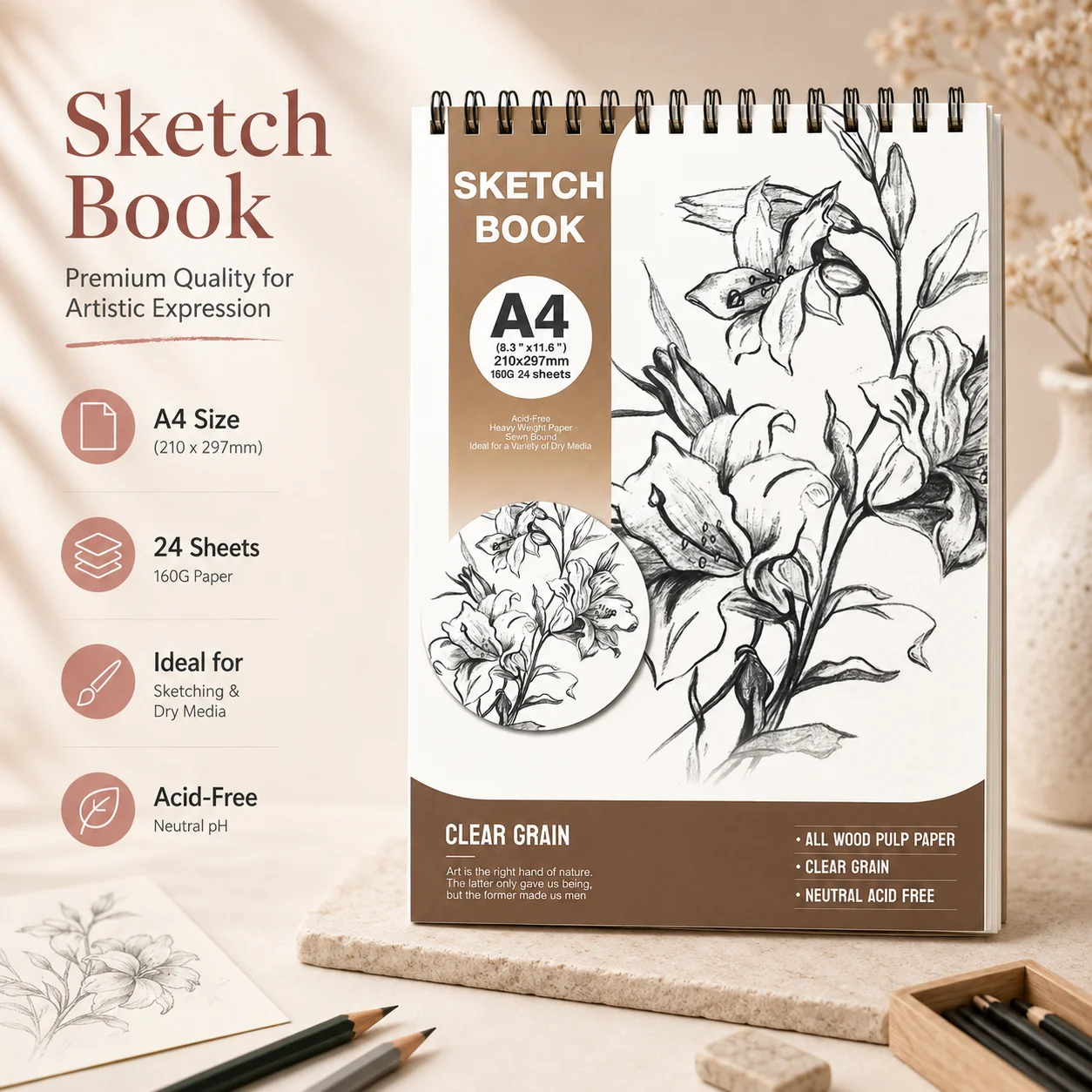 Minimalist A4 Art Sketchbook - Clean White Cover, 320g Heavyweight Acid-Free Paper - 24 Sheet Spiral Notebook for Fine Art & Design Projects