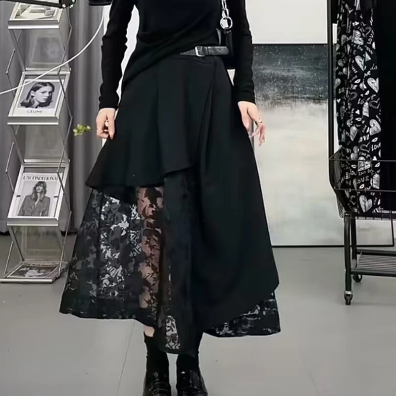 Tannt Women Skirt Irregular Hollow Out Lace Patchwork Black Long Skirts Asymmetry Black High Waist Long Skirts For Women 202