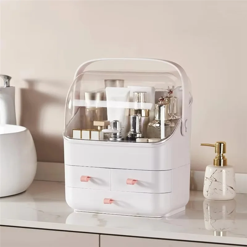 

Makeup Organizer Holder Cosmetic Storage Box With Dust Free Cover Portable Handle,Fully Open Waterproof Lid, Dust Proof