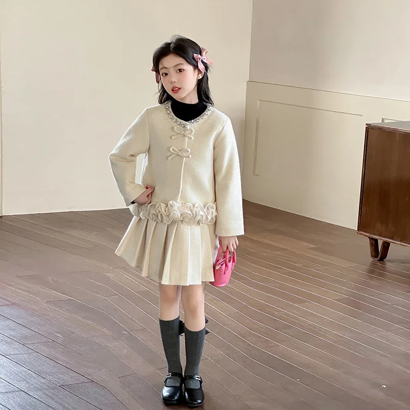Mädchen Süße Kleidung Sets Herbst Winter Kinder Rot Festlichen Mantel + Falten Rock Zwei-stück Set Kinder Schuluniform anzug 2025 – Detail 11