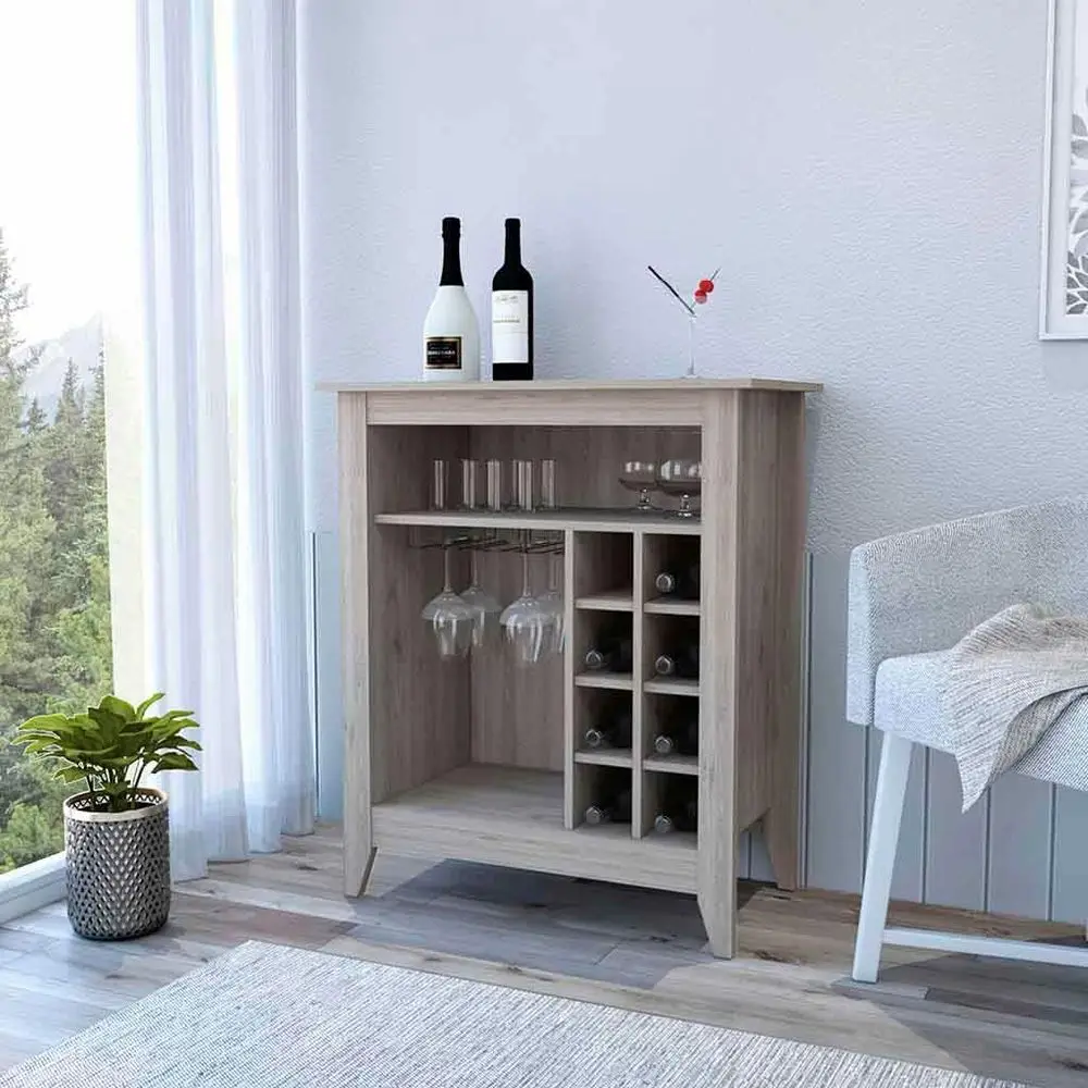 

Light Gray Bar Cabinet with Open Shelf and 6 Wine Storage Compartments for Kitchen, Dining, or Living Room