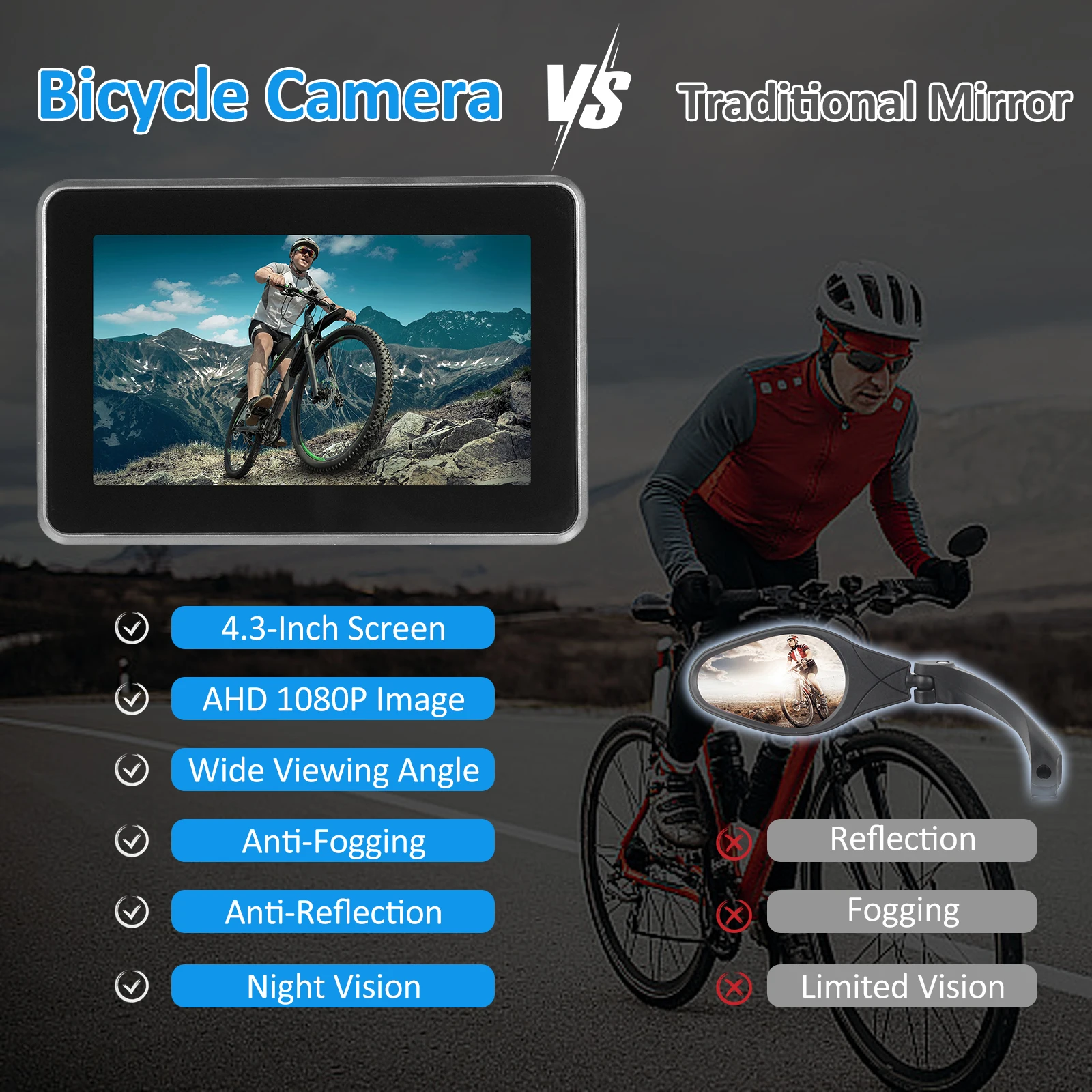 Handlebar Bike Mirror Bicycle Rear View Camera with 4.3\'\' Screen Night Vision Function 150° Wide Angle View Adjustable Bracket