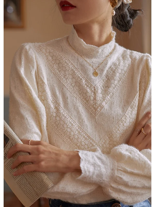 French Sle Fce Forro Base de encaje irt Mujer Faionable f Cuello alto Ropa interior Top Corte recto Largo Sve irt