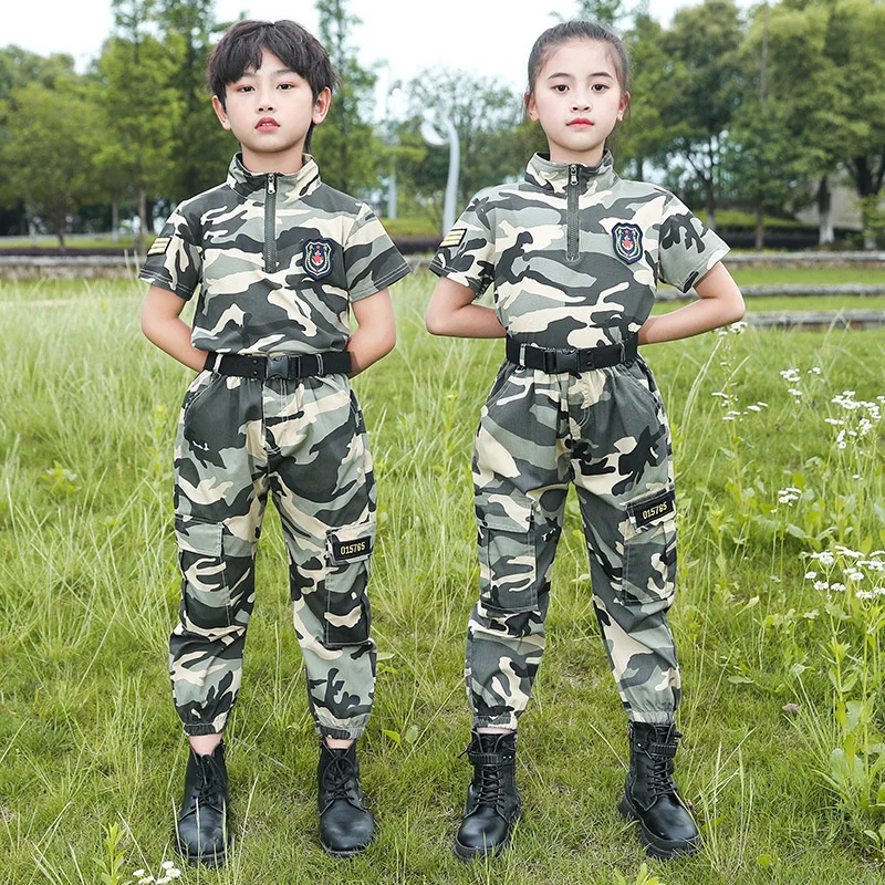 Vêtements d'entraînement militaire à manches courtes pour enfants, spectacle rond de police et de soldats, école primaire