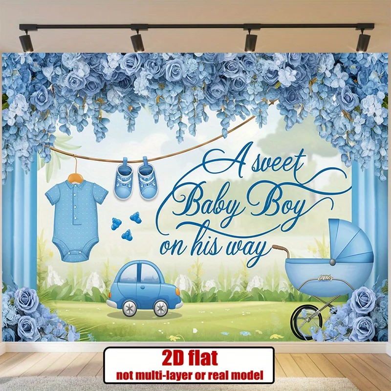 Blue Floral Baby Boy Shower Clothesline Stroller 2DFlat Tapestry Backdrop For Nursery Decor Newborn Party Wall Hanging Art Print