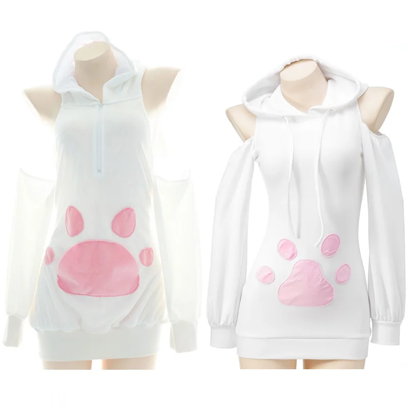 

Anime Girl Cute Cat Paw White Hoodies Off Shoulder Rabbit Ears Hooded Soft Plush Pajamas Sexy Bunny Cosplay Costume 2 Style