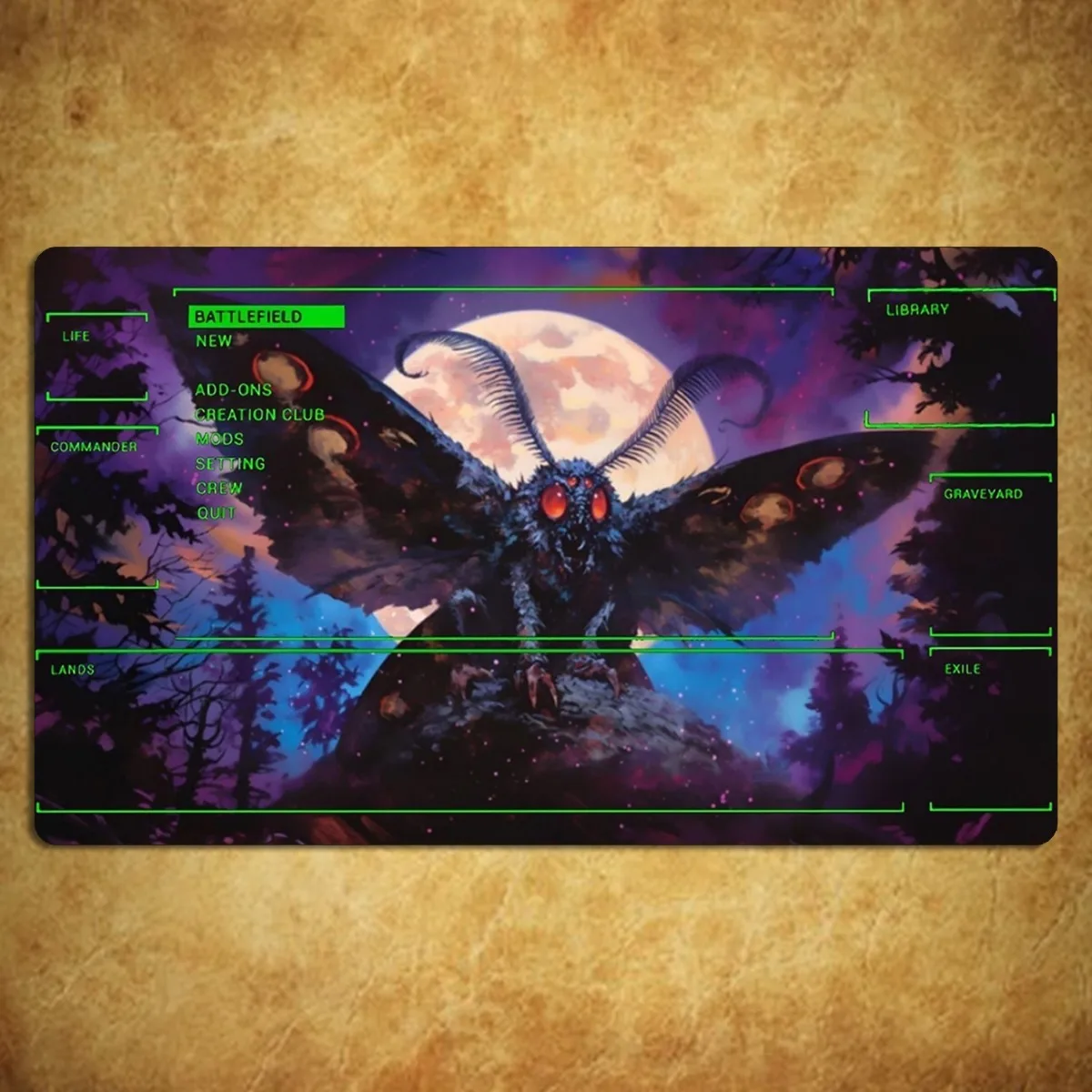 

Игровой коврик для TCG/CCG с нескользящей резиновой основой, гладкой поверхностью и зонами для правил игры, также подходит как коврик для мыши