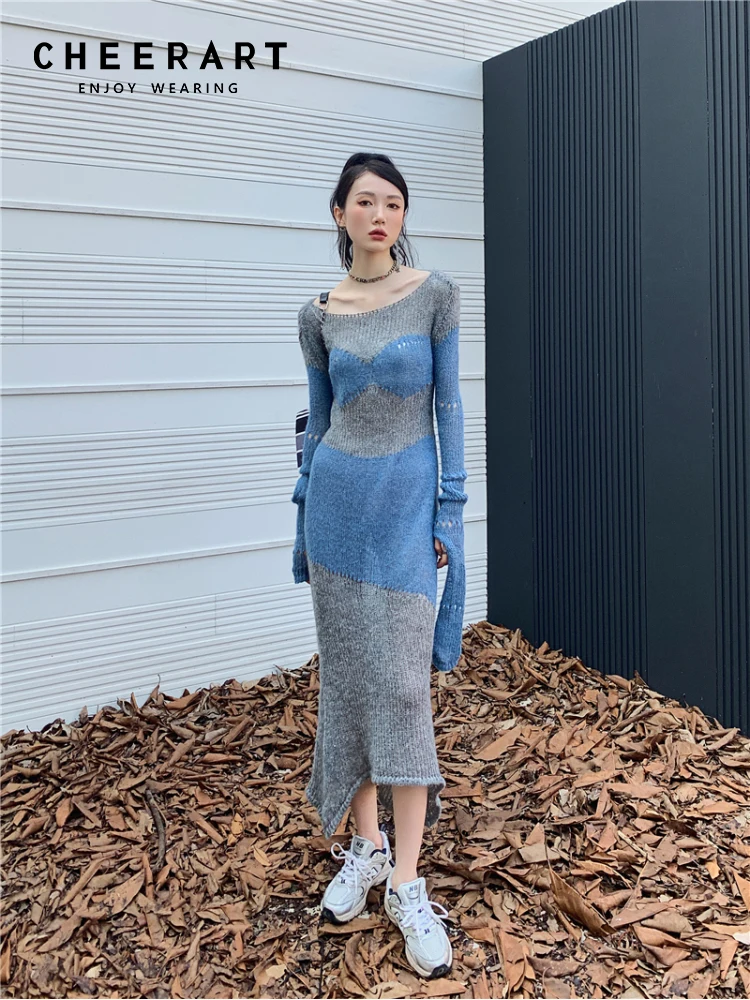 CHEERART Spring 2023 Mohair Long Knitted Dress Women See Through Bodycon Midi Sweater Dress Designer New In Knitwears