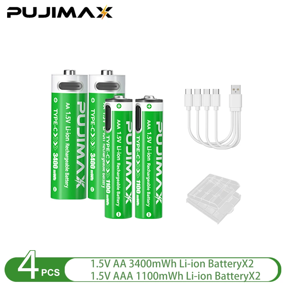 PUJIMAX 1,5 V AA en AAA oplaadbare lithiumbatterij 3400 mWh/1100 mWh, Type-C-poort Opladen worden hergebruikt 1500 keer voor wekkers
