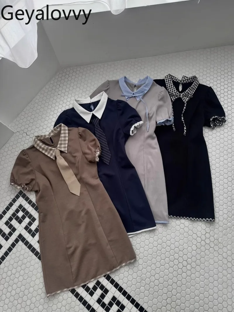 

Summer New Sweet Cute Girls College Plaid Polo Short Dress Versatile High-waisted Slim-fitting Lace-up Short-sleeved Dresses