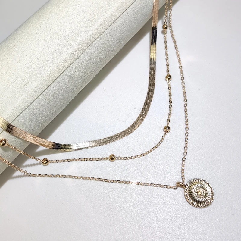 Fashion Three-layer Gold Color Necklace Flat Snake Chain Charm Ball Chain for Women Party Exquisite Jewelry