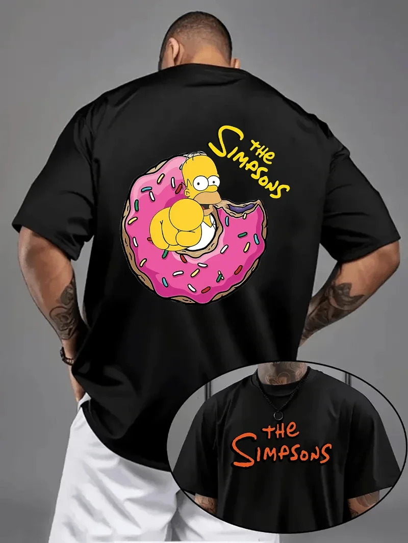 

Summer Men's Simpsons Casual Short-sleeved T-shirt with Printed Pattern Homer Eating Doughnuts +The Simpsons Text T-shirt