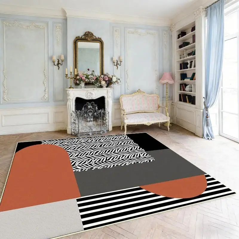 Modern Beige Black Burgundy Geometric Block Motif Rectangular Commercial Floor Rug Welcome Mat For Bedroom Study